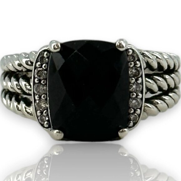 David Yurman 925 Sterling Silver Petite Wheaton Ring Black Onyx and Diamonds - Picture 1 of 6